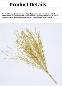 Detail of 50cm golden Christmas decorative branch with 9 heads and shimmering glitter finish