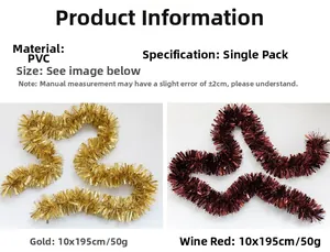 Detail view of PVC Christmas tinsel garlands in gold and burgundy, 10x195cm size