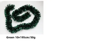 Close-up of green 10x195cm Christmas tinsel garland made of metallic plastic foil