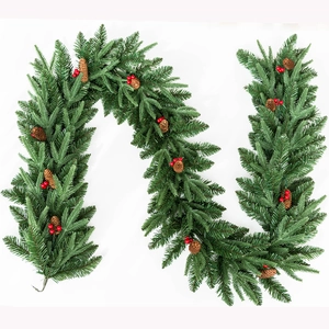 2.7m snow-flocked Christmas garland with pine cones and red berries for holiday decor