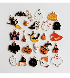 Set of 24 colorful Halloween enamel charms including ghosts and pumpkins for jewelry making