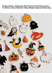 Flat lay of 24pcs Halloween alloy enamel charms including pumpkin ghost and skull details