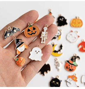 Detailed view of Halloween alloy enamel charms including pumpkins, ghosts and bats