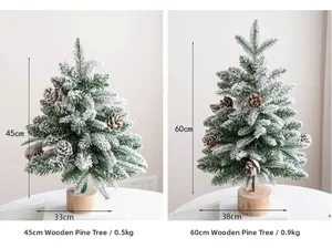 Size comparison of 45cm and 60cm flocked tabletop Christmas trees with natural pine cones