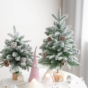 Mini Weihnachtsbaum Künstlich Beflockter Schnee Mit Kiefernzapfen Holzsockel Desktop Ornament Winter Urlaub Haus Dekor