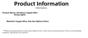 Detailed product specifications for handmade copper wire Christmas string lights with dimensions