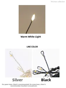 Detail comparing silver and black wire LED string lights with warm white glow