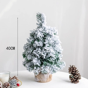 Flocked desktop Christmas tree 40cm with snow effect and natural burlap base stand