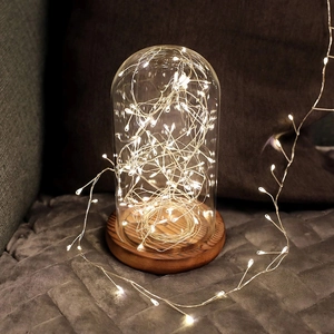Guirlande LED blanc chaud sous dôme en verre et socle en bois pour décoration de Noël chic