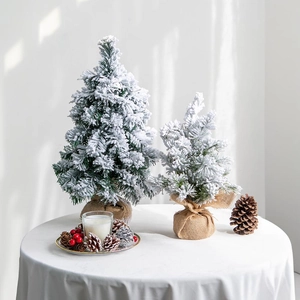 Mini Tabletop Christmas Tree Flocked Snow PVC Pine Cone With Burlap Base Rustic Winter Holiday Decor For Home Office
