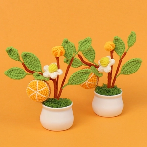 Handmade crochet orange tree bonsai in white ceramic pot for home office decor