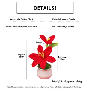 Macro detail of handmade crochet lily bonsai with 15cm height and flower dimensions