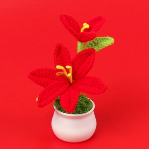 Handmade crochet lily in white ceramic pot, mini knit flower decor for home or desk display