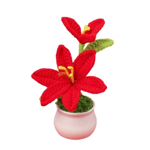 Handmade crochet red lily potted plant in a white ceramic vase for home desk decor