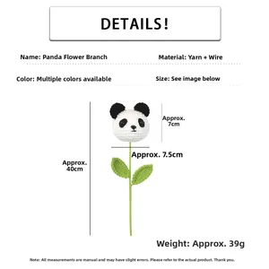 Detailed view of handmade crochet panda flower branch with measurements 40cm height