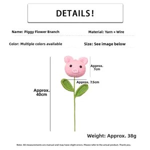 Detailed view of handmade crochet pig flower bouquet with size specs and yarn texture
