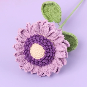 Handmade crochet sunflower in gradient purple yarn with green leaves and stem