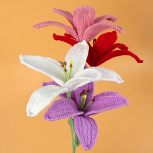 Handmade Crochet Lily Flower Branch Artificial Knitted Woolen Yarn Flowers For Home Decor Wedding Party Table Ornament Gift