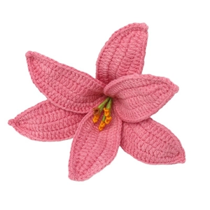 Handmade crochet pink lily flower with green stem for cozy home decoration and gifts