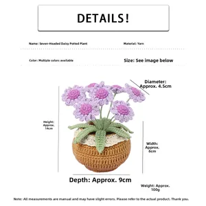 Detailed view of handmade crochet purple daisy potted plant with size specifications