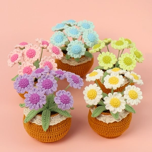 Macro detail of handmade crochet daisy potted plants with intricate knit texture and lace