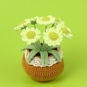 Close-up detail of crochet daisy petals and white lace trim on the brown knitted pot