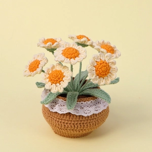 Close-up of handmade crochet daisy potted plant with lace trim and white petals