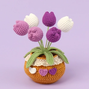 Handmade crochet tulip potted plant with purple and pink flowers for home desk decoration