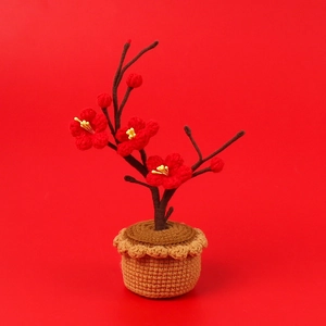 Handmade Crochet Winter Plum Blossom Artificial Potted Plant Woolen Yarn Flower Desktop Ornament For Home Decor Gift