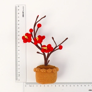 Handmade crochet red plum blossom potted plant desktop decoration with size reference
