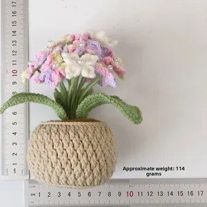 Handmade crochet hydrangea potted plant detail showing 13x17cm size and 114g weight