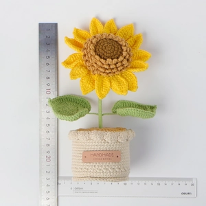 Handmade crochet sunflower potted plant in beige base, 21.5cm height gift ornament