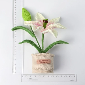 Handmade crochet lily flower pot in pink and white gradient, height 26cm, desktop ornament