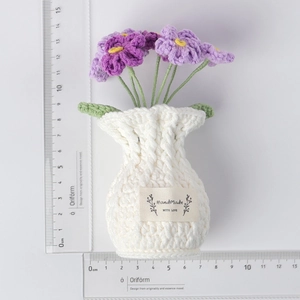 Handmade crochet forget-me-not potted flower in purple with white vase, 14cm height