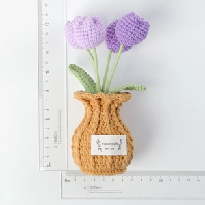 Detailed scale view of a 15.5cm handmade crochet purple tulip potted plant ornament