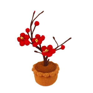 Handmade crochet red plum blossom potted plant for Chinese New Year home desktop decoration
