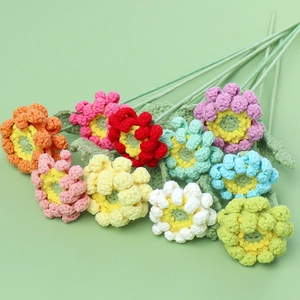 Fleur Artificielle Marguerite Africaine au Crochet Faite à la Main en Fil de Laine Branche de Gerbera Tricotée pour Décoration Maison Cadeau Pastoral