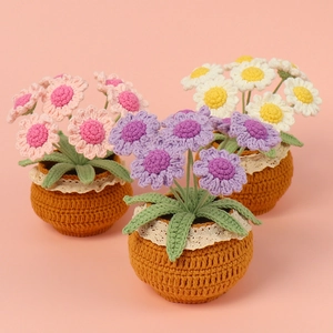 Handmade Crochet Daisy Potted Plant Cotton Yarn Artificial Flower Mini Desktop Decor Car Ornament With Lace Trim