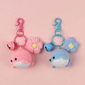 Cute Handmade Crochet Whale Keychain With Bell And Flower Pendant Yarn Knitted Cartoon Bag Charm For Women Girls Gift