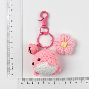 Pink handmade crochet whale keychain with bell and flower, size approx 12cm by 8cm