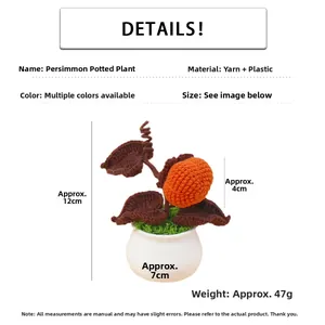 Detail showing dimensions of handmade crochet persimmon potted plant 12cm height
