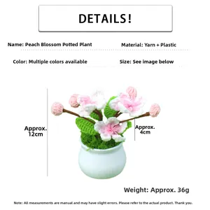 Detail of handcrafted crochet peach blossom plant in a white pot, 12cm height