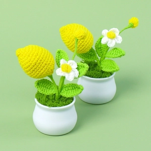 Handmade Crochet Lemon Potted Plant Knitted Wool Fruit Artificial Greenery Desktop Decor White Ceramic Pot Gift
