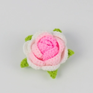 Handmade crochet pink and white gradient rose head with green leaves for DIY crafts