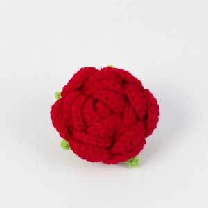 Handmade crochet red rose flower with green leaves for DIY clothing and bouquets