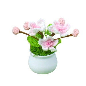 Handmade crochet peach blossom potted plant with white ceramic vase for desk decor