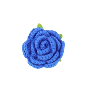 Handmade crochet royal blue rose with green leaves for DIY floral bouquets and crafts
