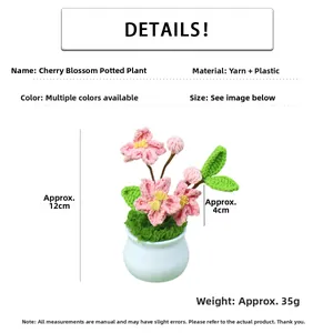 Macro detail of handmade crochet cherry blossom bonsai in white ceramic pot, 12cm height