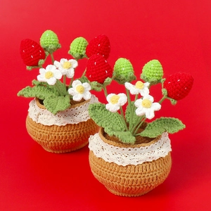 Plante En Pot Fraise Crochetée À La Main Fleur De Laine Décoration De Bureau Chambre Bureau Maison Ornements Pastoraux Esthétiques