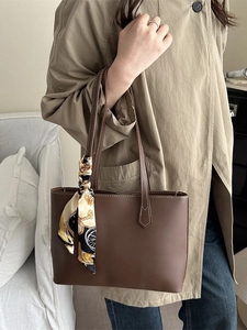 Minimalist brown tote bag with silk scarf accessory for women office commute style